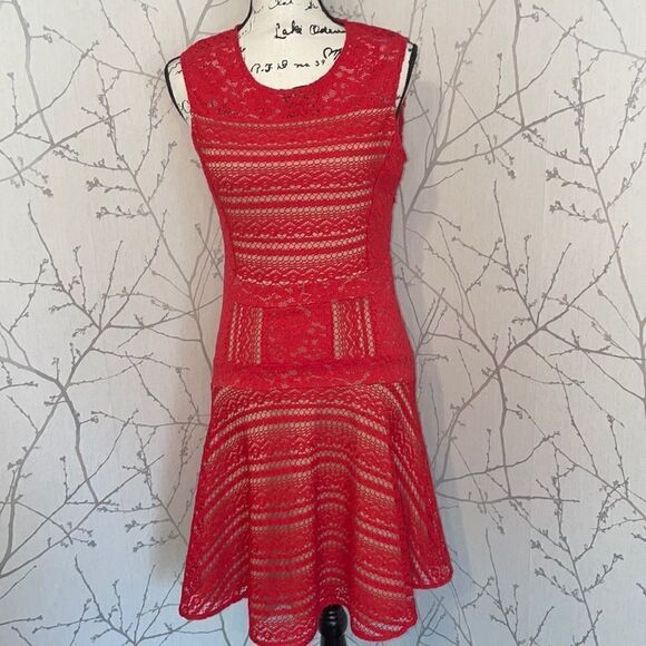 BCBGMAXAZRIA Red Lace Sheath Dress Knit Overlay Cocktail Party Size M - Picture 1 of 5